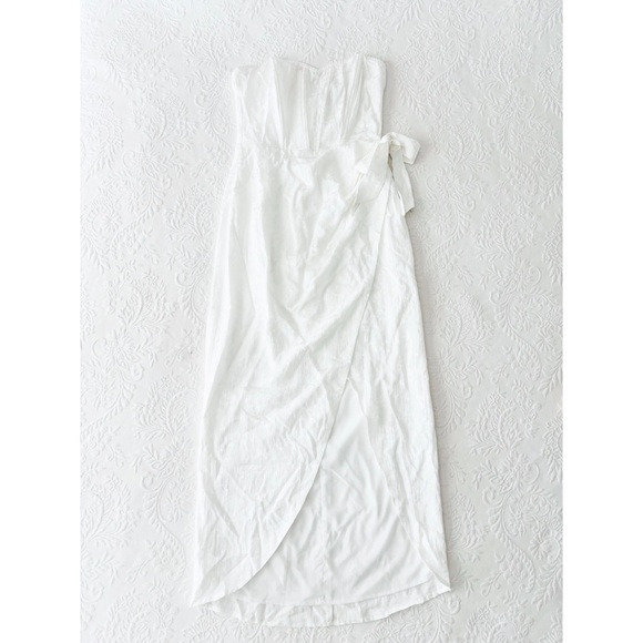 NWOT Lulus Adoring Praise Ivory Satin Jacquard Strapless Bustier Midi Dress - Picture 2 of 8